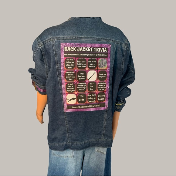 Upcycled Back Jacket Trivia Denim Jacket with Clues to TV Shows on the Back. - Picture 5 of 13